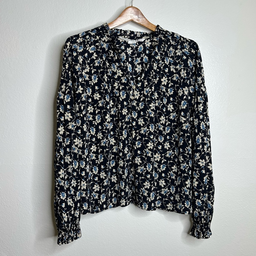 Veronica Beard Black Floral Blouse with Blue and Cream Flowers, EUC, Size 12